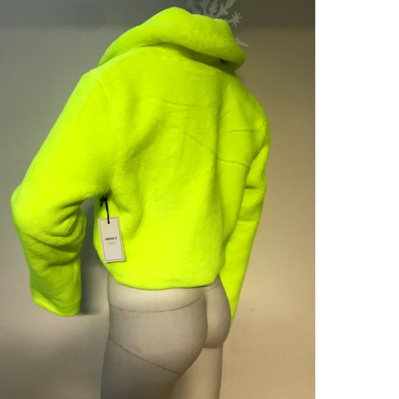 NWT F21 Forever Teddy Plush Fur Jacket Coat Neon Yellow Lime Green Cozy Soft - Picture 2 of 4